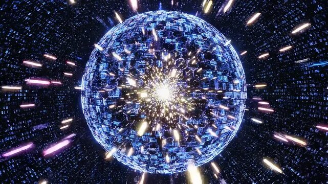 signals traveling inside encrypted sphere ultra wide interior view, data streams bounce along inner surface maintaining secure pathways, futuristic network protection concept for safe transmission