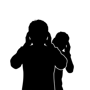 Silhouette of two men covering their ears to block out noise