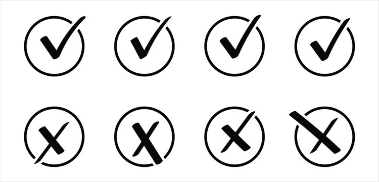 Correct and wrong icons signs set. Checkmark and cross icon symbols representing correct and incorrect choices for validation feedback and decision design.