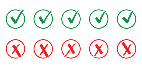 Green tick mark and red cross sign in circle icons for correct and incorrect answers in educational interface. Tick mark icons set isolated on transparent background. Eps10 © Luna Visuals
