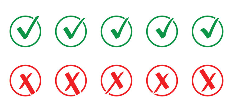 Green tick mark and red cross sign in circle icons for correct and incorrect answers in educational interface. Tick mark icons set isolated on transparent background. Eps10