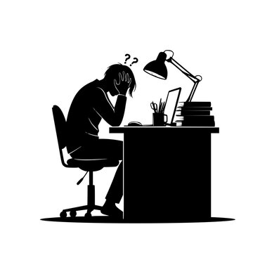 Stressed and confused man sitting at desk with laptop silhouette illustration