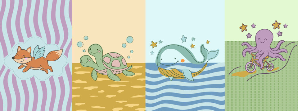 nursery wall poster. flat vector cartoon illustration of whale, fox, turtle, squid for card print  postcard. children hand drawn style 