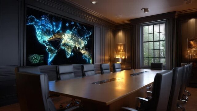 Modern conference room with long wooden table. Chairs line table, facing large glowing world map screen. Screen displays blue and gold digital world map with glowing lines. Room has dark wood walls