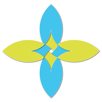 "Abstract geometric flower with four interlaced petals in cyan and lime green"