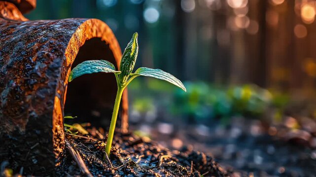 Green sprout growing inside an old rusty pipe in a dense forest representing nature reclamation and resilience concept.