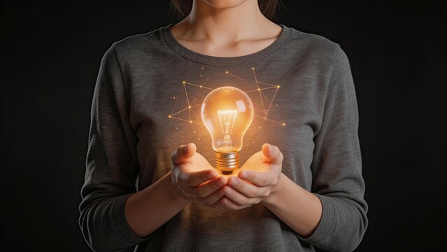 Woman hands holding glowing light bulb with digital linesinnovation technology creative idea business future smart energy on dark backgroundsymbolizing success and new thinking