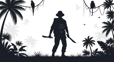 Silhouette of an explorer or adventurer standing in a tropical jungle with machetes, binoculars, and backpack, surrounded by palm trees, a parrot, and a monkey © Hikari Vector Studio