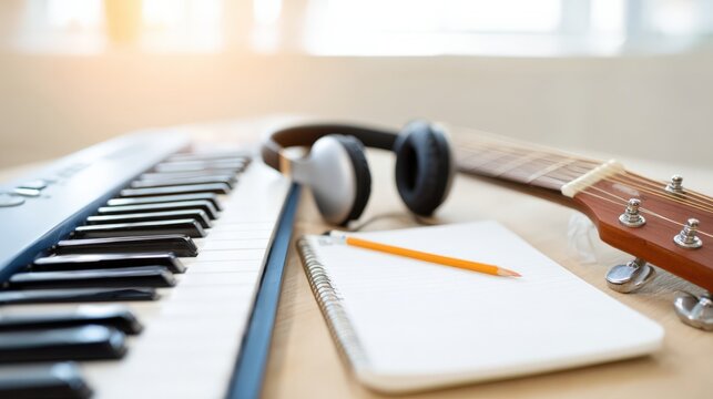 Musical instruments including keyboard, guitar, headphones, and notebook on wooden table