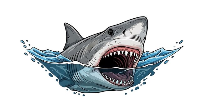 Aggressive Great White Shark Emerging From Ocean Waves
