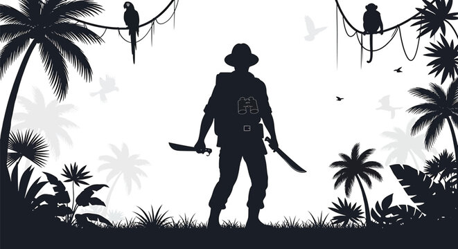Silhouette of an explorer or adventurer standing in a tropical jungle with machetes, binoculars, and backpack, surrounded by palm trees, a parrot, and a monkey