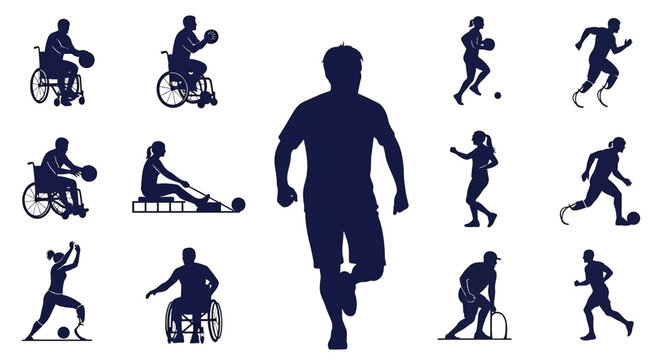 Set of silhouettes of disabled athletes, people with physical disabilities practicing different sports