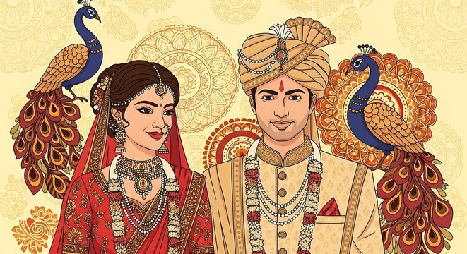 Beautiful Indian Bride and Groom in Traditional Attire with Peacocks