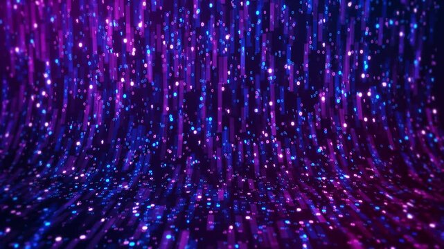 Purple Binary Data Flow Abstract Digital Technology Futuristic Binary Rain Data Stream Background, data streams particles dynamic cyber environment. programming , digital technology presentations.