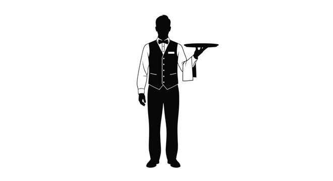 Silhouette of a waiter wearing a vest and bow tie holding an empty serving tray