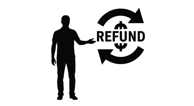 Silhouette of a man presenting a refund icon with a circular arrow and a dollar sign, representing money back guarantee, financial reimbursement, or return policy