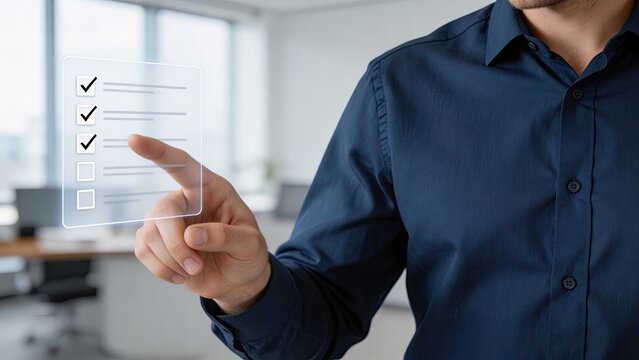 Businessman touching virtual checklist in officeman hand selecting options on futuristic screen for task managementapproval conceptdigital technology innovationworkspace