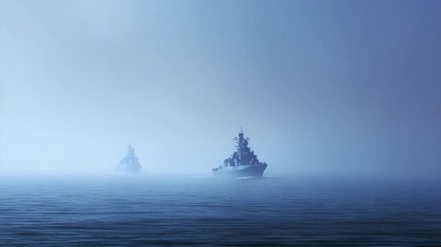 Foggy seascape with two naval ships silently cruising through mist. Calm waters reflect soft, muted blue tones of dawn or dusk. No people visible, creating a serene, mysterious maritime atmosphere