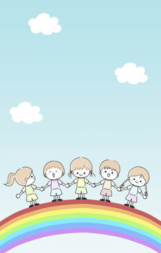 虹の上で手をつなぐ子供たち