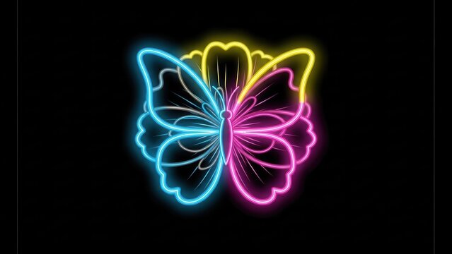 Vibrant neon butterfly and flower illustration glowing with electric hues against a dark canvas