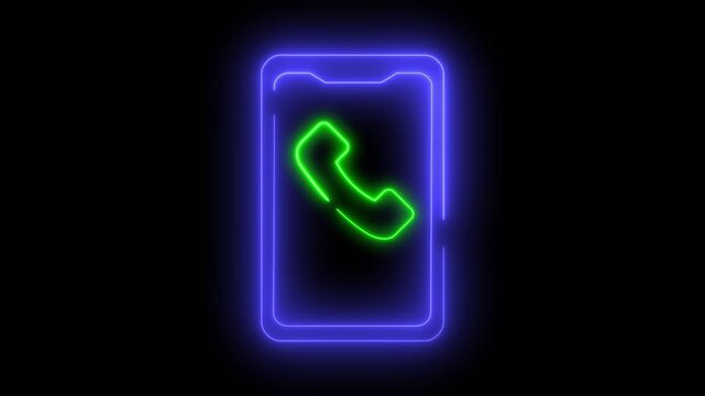 Neon light effect animation of a cell phone icon with a flashing green phone symbol. Call concept.