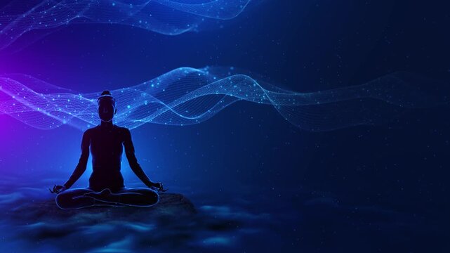 Woman meditating on yoga Eye Chakra Healing Animation Breathing Techniques Balance and Energy Flow mesh globe code. Spirituality, serenity, connectivity, technology, mindfulness, abstract, wellness