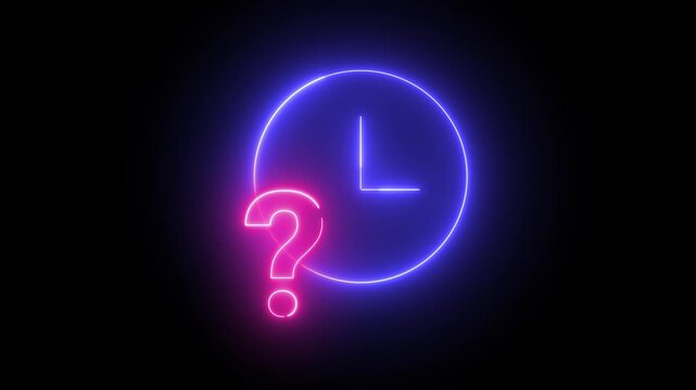 Neon light effect animation of a mysterious clock icon. A pink question mark pulses next to a blue clock. Ideal for themes of uncertainty or the passage of time.