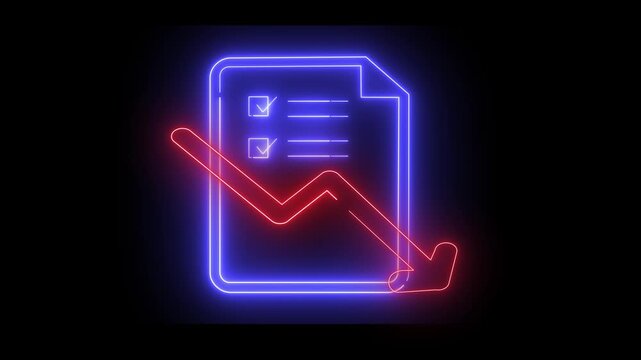 Neon light effect animation of a document icon with a checklist and a red arrow pointing down, suggesting a descent.