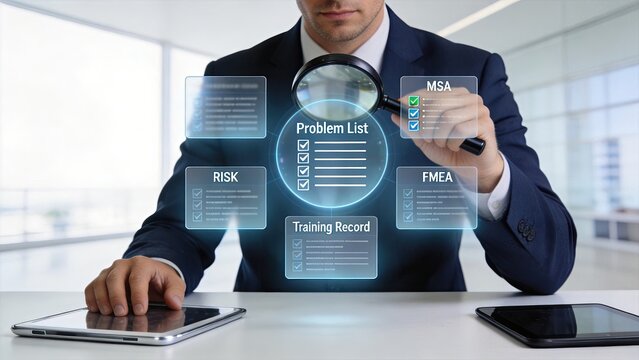 Businessman analyzing hologram interface with magnifying glass showing problem listrisk assessmenttraining recordMSA and FMEA data for quality management audit process in