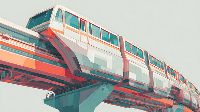 Futuristic monorail gliding above cityscape background