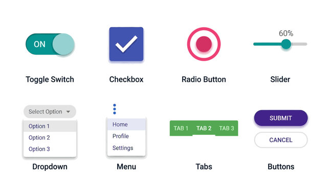 A vector set of various UI elements including toggle switch, checkbox, radio button, slider, dropdown, menu, tabs, and buttons on a screen.