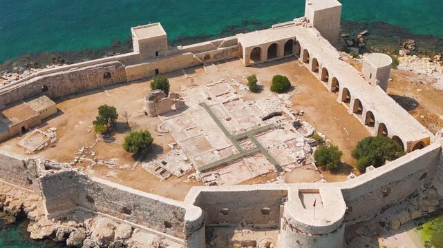 Kizkalesi, Mersin, Turkey. Aerial drone view of inner courtyard and defensive walls of Maiden's Castle island fortress.. Aerial View, MasterShots, Circle (Close)
