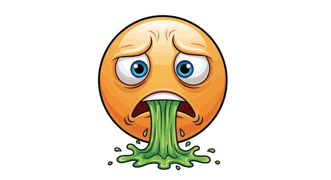 Sick face emoji vomiting green liquid isolated on white background.