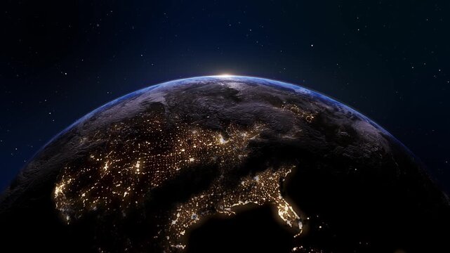 Earth at Night With City Lights Earth at Night City Lights From Space and Sunrise Horizon Glow global technology themes, energy consumption visuals, urban development, satellite imagery concepts