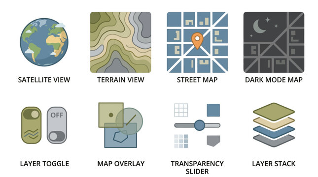 A vector set of various map icons including satellite, terrain, street map, and dark mode views with layer controls.