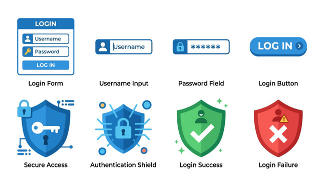 A vector set of login form icons including secure access, authentication shield, login success, and login failure on a user interface for technology and business.