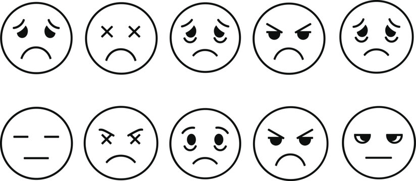 Set of emoji icons representing various facial expressions of sadness and anger.