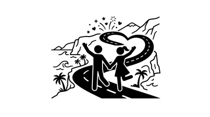 Obraz premium Couple Celebrating Journey on Road with Heart Shape Path