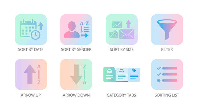 A vector set of colorful icons depicting various sorting and filtering options for a digital interface on a screen.