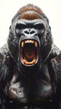 A close-up portrait of a powerful gorilla with an open mouth