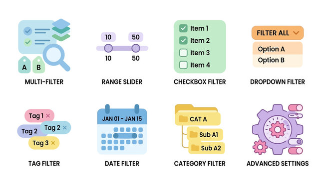 Vector set of various filter options for data analysis including multi-filter, range slider, checkbox filter, dropdown filter, tag filter, date filter, category filter, and advanced settings.