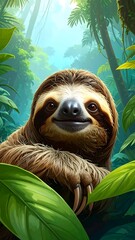 Fototapeta premium A sloth peeking from behind leaves in a lush jungle