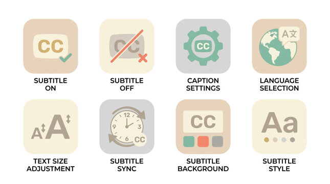 A vector set of colorful icons for accessibility features including closed captions, language selection, and subtitle settings on a digital interface.