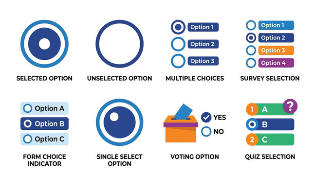 Vector set of various form and survey selection icons including checkboxes, radio buttons, and multiple choice options.