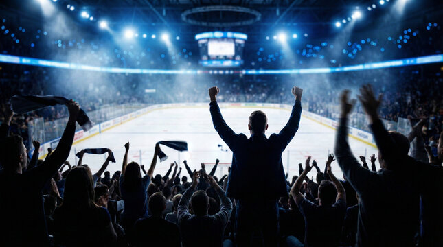 Triumphant Fan Celebrating Victory in Packed Ice Hockey Arena Bright Lights Crowd Cheers Exciting Night Game Atmosphere Dramatic Sports Event Stock Photography