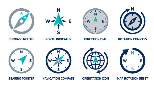 A vector set of navigation icons including compass needle, north indicator, direction dial, and rotation compass for map orientation and navigation purposes.