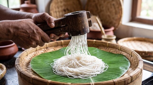 Traditional Idiyappam Preparation Using a Wooden Press over a Fresh Banana Leaf