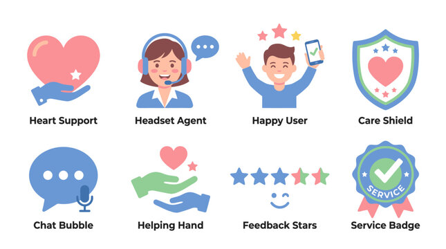 A vector set of customer service icons featuring a heart support, headset agent, happy user, care shield, chat bubble, helping hand, feedback stars, and service badge.