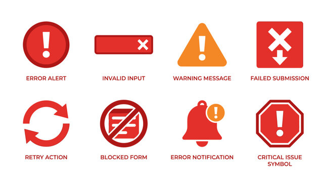 A vector set of various error icons and symbols for digital interfaces including alerts and notifications.