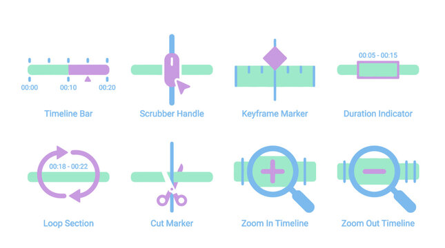 A vector set of various video editing icons including a timeline bar, scrollbar handle, keyframe marker, and more on a white background.